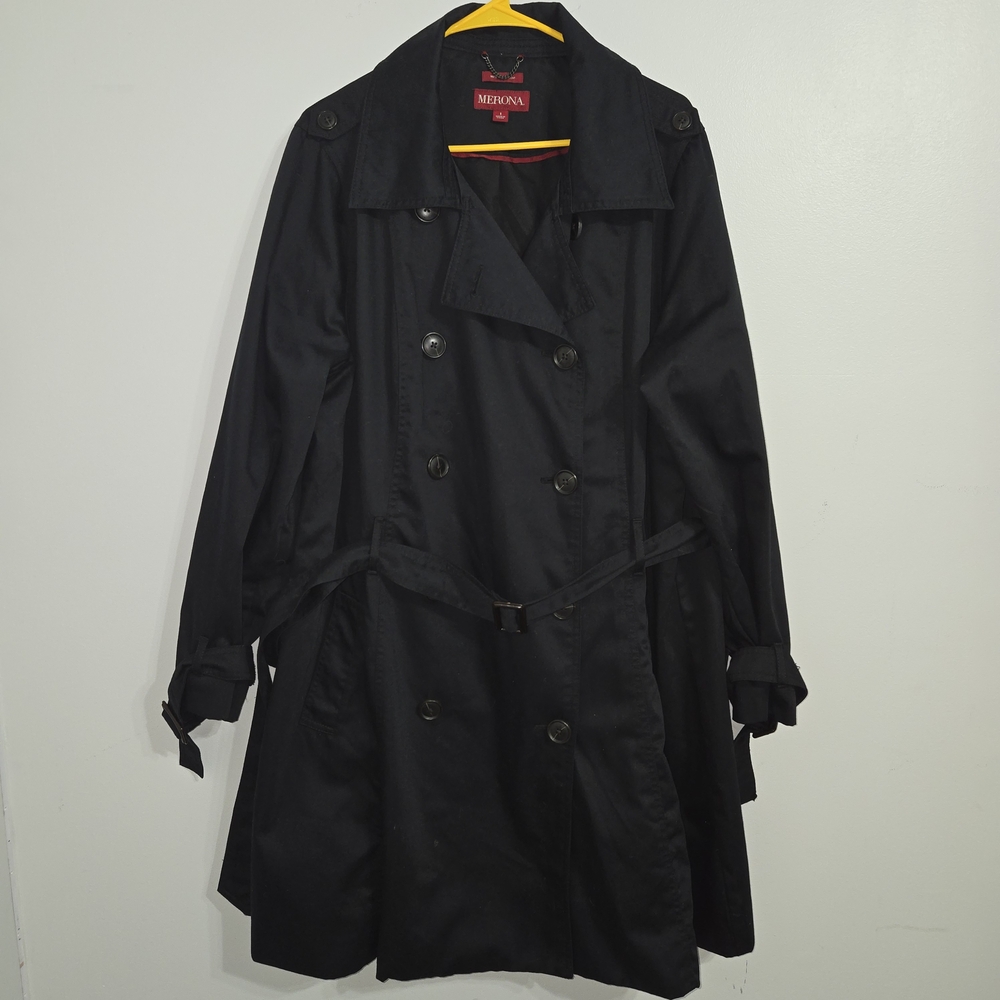 #13 Women’s Merona Black Soft Shell Belted Trench Coat Size 1/ 26.5"ptp